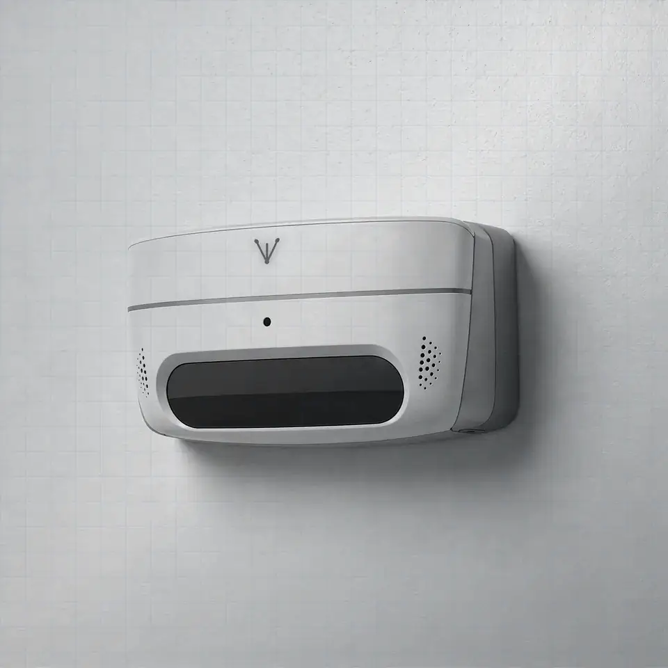 Veylometry Atlas concept, a compact white and silver wall-mounted spatial sensing device with a blue status line and black sensor aperture.