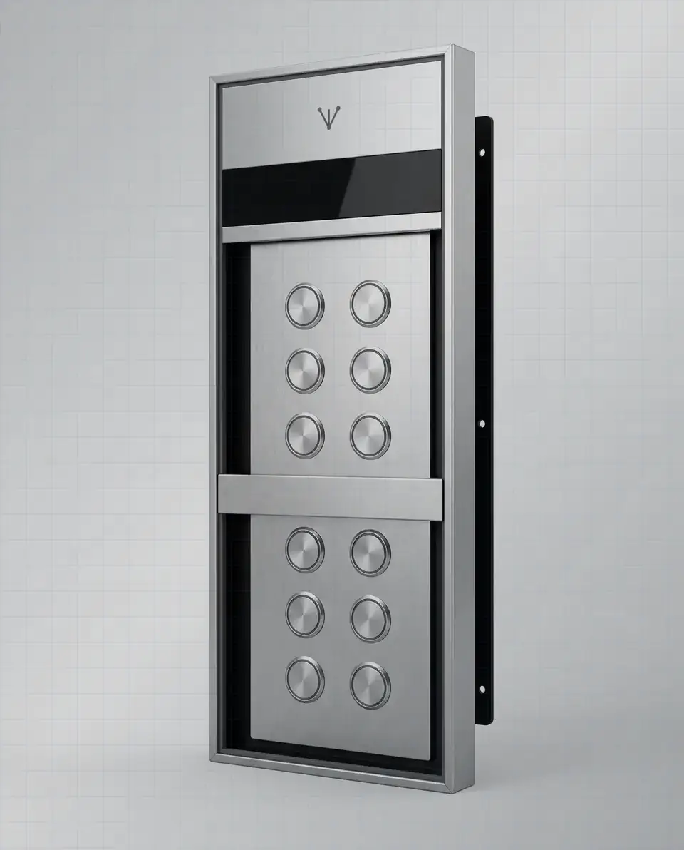 Veylometry Touch concept surrounding a two-column elevator button bank with a stainless perimeter, integrated V mark, blue accent light, and horizontal treatment bar.