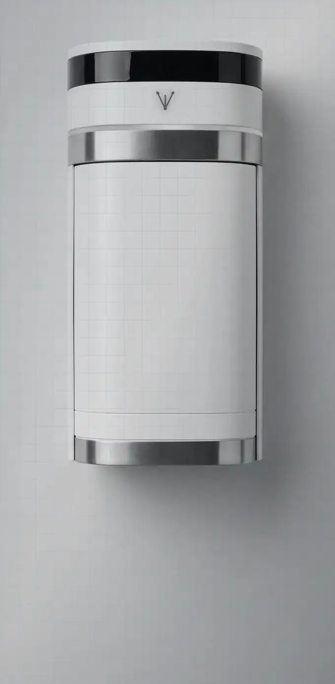 Closed Veylometry phone Vault concept with a white floating door, stainless accents, black sensor band, and blue status line.