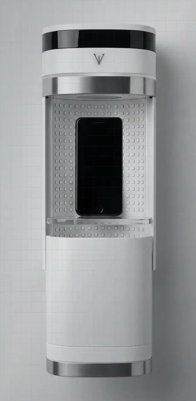 Open Veylometry phone Vault concept showing a phone within the illuminated treatment cavity.